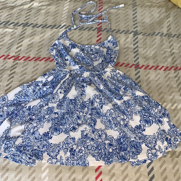 American Apparel White & Blue Nylon Halter Dress - Picture 2 of 3